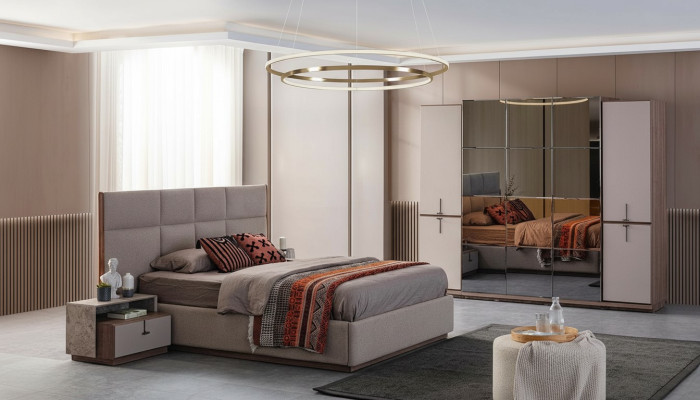 Chambre complète Lit double Table de chevet Gris Armoire 4 pièces