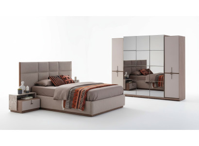 Chambre complète Lit double Table de chevet Gris Armoire 4 pièces