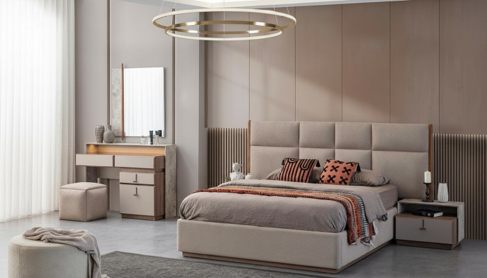 Meubles de chambre de luxe Lit double Tables de chevet Gris 6 pièces Armoire Lit