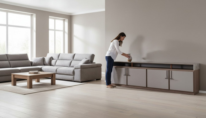 Sideboard, meuble TV, armoire TV, bahut bas, gris, salle de séjour, bois, table, armoire