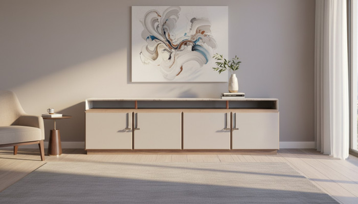 Sideboard, meuble TV, armoire TV, bahut bas, gris, salle de séjour, bois, table, armoire