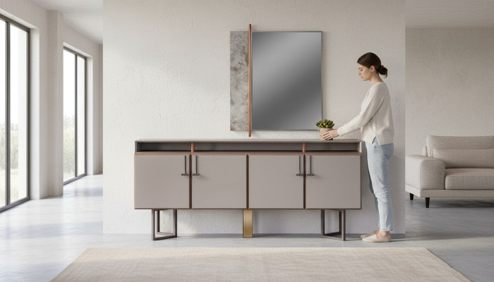 Suite Buffet avec Buffet Miroir Armoire en bois Commode Gris