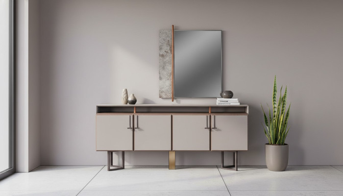 Suite Buffet avec Buffet Miroir Armoire en bois Commode Gris