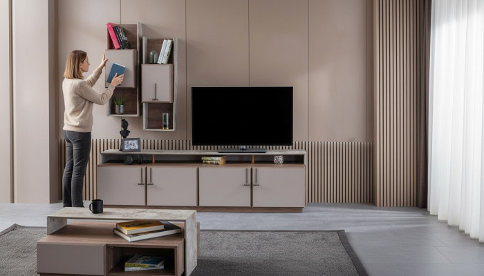 Meuble TV mural armoires latérales buffet meuble TV bas gris salle de séjour en bois
