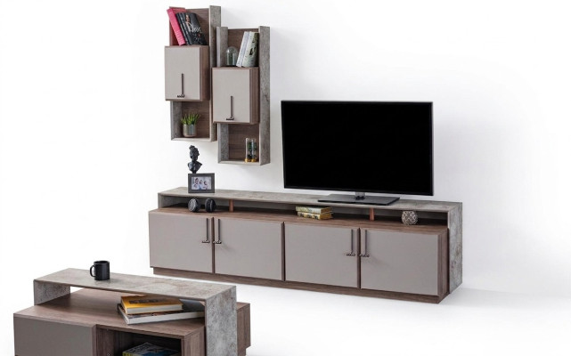 Meuble TV mural armoires latérales buffet meuble TV bas gris salle de séjour en bois