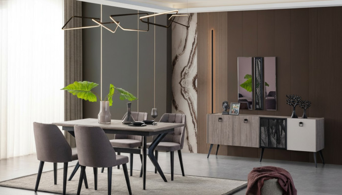 Ensemble de salle à manger Table de salle à manger Chaises Bois Gris Salle à manger Ensemble de 9 pièces Buffet