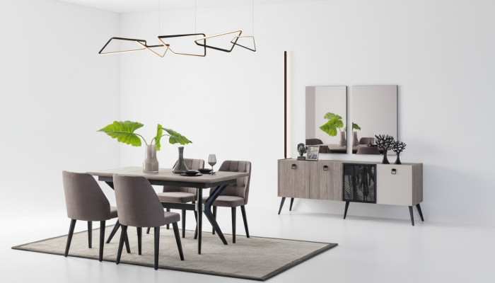 Ensemble de salle à manger Table de salle à manger Chaises Bois Gris Salle à manger Ensemble de 9 pièces Buffet