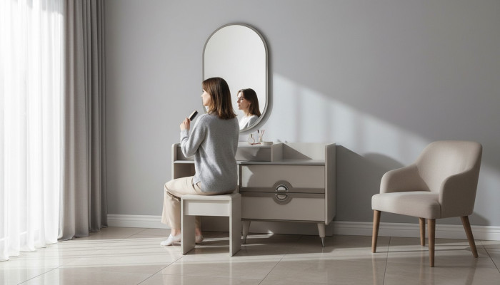 Coiffeuse, coiffeuse, console de maquillage, table console miroir, gris