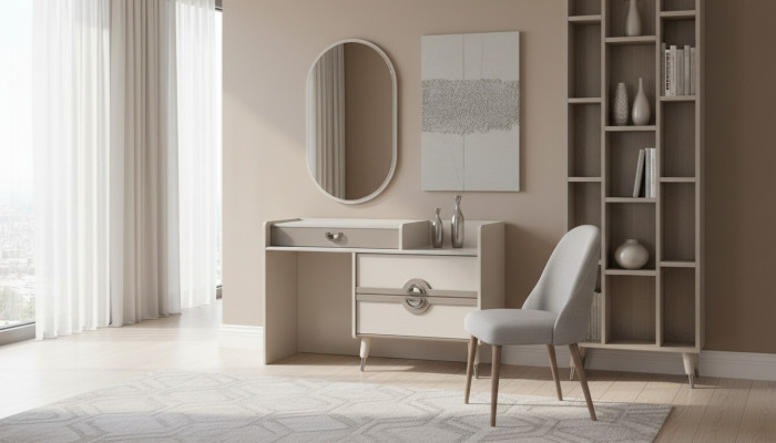 Coiffeuse, coiffeuse, console de maquillage, table console miroir, gris