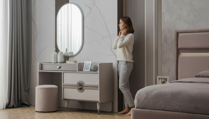 Groupe Coiffeuse Coiffeuse Miroir Coiffeuse Gris Ensemble de 3 pièces