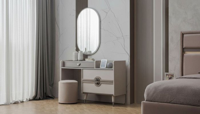 Groupe Coiffeuse Coiffeuse Miroir Coiffeuse Gris Ensemble de 3 pièces