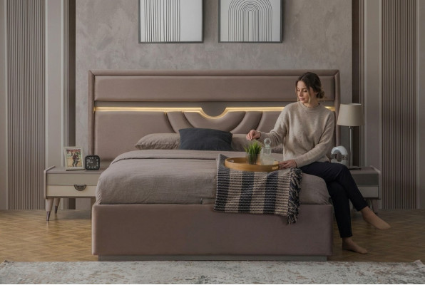 Lit double Chambre Lit Tables de chevet Beige Ensemble de base de lit 3 pièces