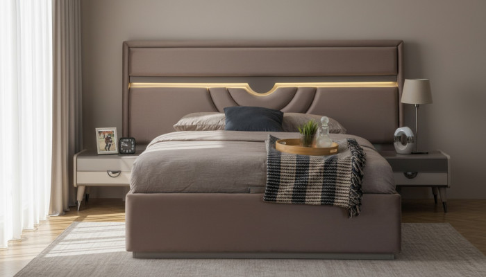 Lit double Chambre Lit Tables de chevet Beige Ensemble de base de lit 3 pièces