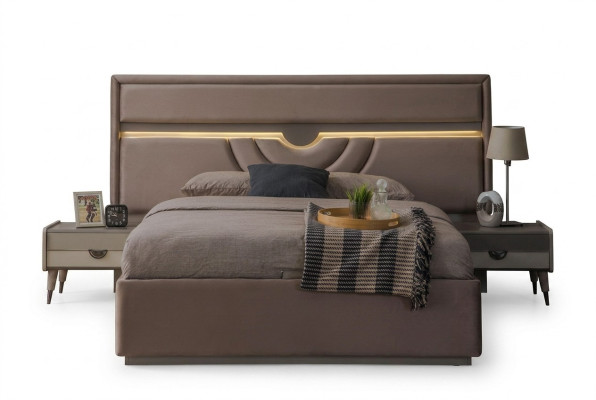 Lit double Chambre Lit Tables de chevet Beige Ensemble de base de lit 3 pièces