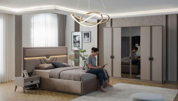 Lit double Ensemble de meubles de chambre à coucher Lit Tables de chevet Beige 4 pièces