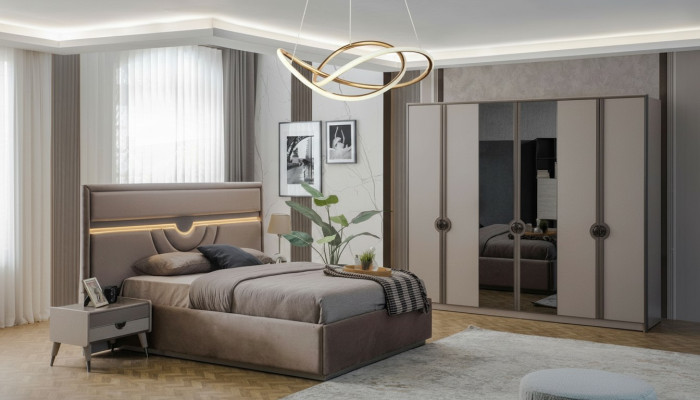 Lit double Ensemble de meubles de chambre à coucher Lit Tables de chevet Beige 4 pièces
