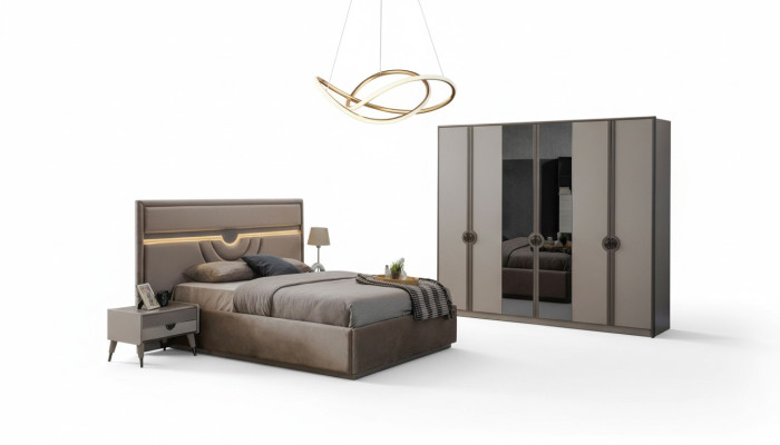 Lit double Ensemble de meubles de chambre à coucher Lit Tables de chevet Beige 4 pièces