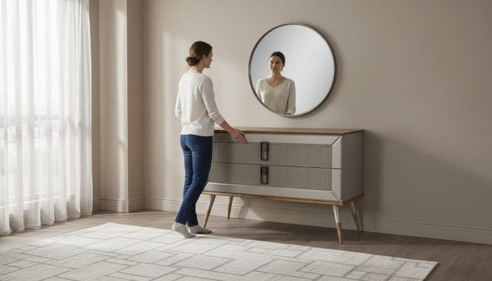 Commode de designer marron élégante, miroir rond de luxe et set de coiffeuse en 2 pièces