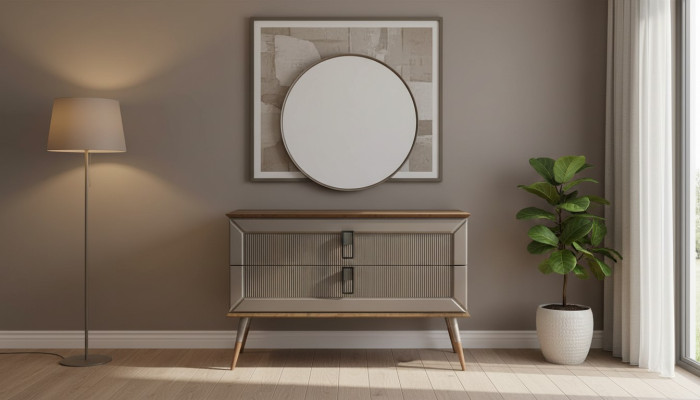 Commode de designer marron élégante, miroir rond de luxe et set de coiffeuse en 2 pièces