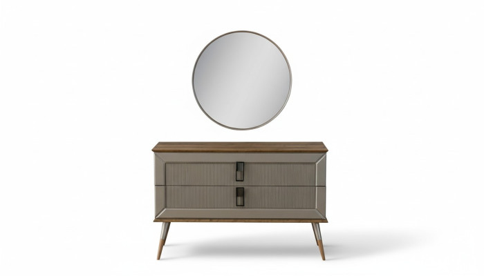 Commode de designer marron élégante, miroir rond de luxe et set de coiffeuse en 2 pièces