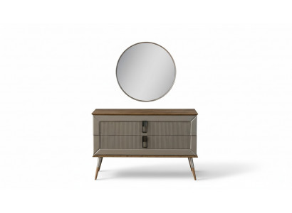 Commode de designer marron élégante, miroir rond de luxe et set de coiffeuse en 2 pièces