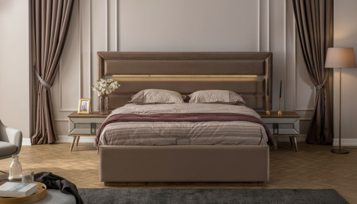 Ensemble de lit brun exclusif en taille S Lit double 2x 2x Tables de nuit en bois 3 pièces