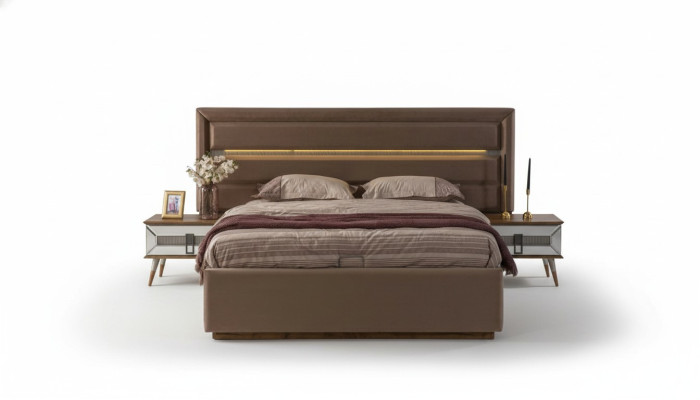 Ensemble de lit brun exclusif en taille S Lit double 2x 2x Tables de nuit en bois 3 pièces