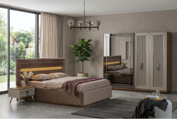 Ensemble chambre beige Moderne Lit double Armoire en verre 4 pièces