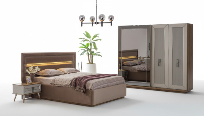 Ensemble chambre beige Moderne Lit double Armoire en verre 4 pièces