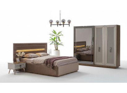 Ensemble chambre beige Moderne Lit double Armoire en verre 4 pièces