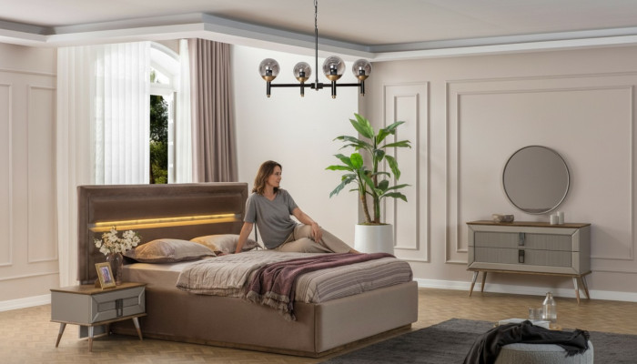 Chambre beige Mobilier de luxe Designer Lit double 2x Tables de chevet 5pcs