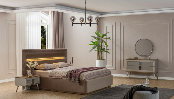 Chambre beige Mobilier de luxe Designer Lit double 2x Tables de chevet 5pcs