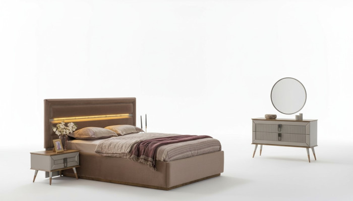 Chambre beige Mobilier de luxe Designer Lit double 2x Tables de chevet 5pcs