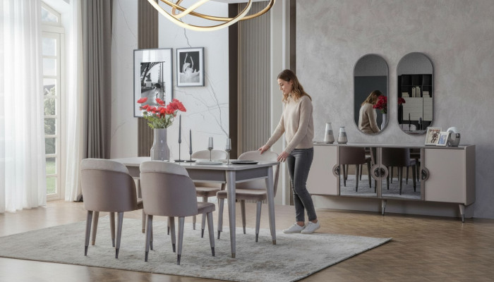Ensemble de salle à manger gris Chaises de salle à manger Table extensible Bahut