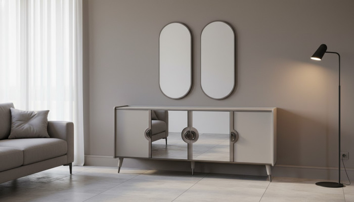 Grande suite de meubles gris du designer comprenant un buffet à 4 portes et un miroir exclusif en 3 pièces.