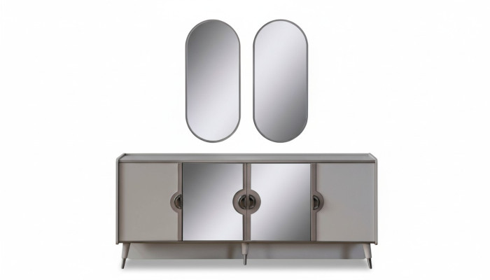 Grande suite de meubles gris du designer comprenant un buffet à 4 portes et un miroir exclusif en 3 pièces.