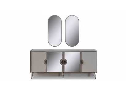 Grande suite de meubles gris du designer comprenant un buffet à 4 portes et un miroir exclusif en 3 pièces.