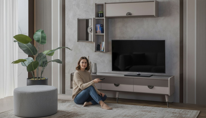 Buffet de salon beige, meuble TV robuste, meuble TV bas, étagères de luxe