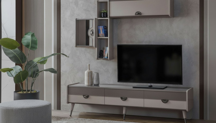 Buffet de salon beige, meuble TV robuste, meuble TV bas, étagères de luxe