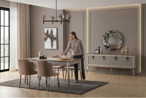 Ensemble de salle à manger beige Table en bois rectangulaire Chaises rembourrées 6x 7 pièces