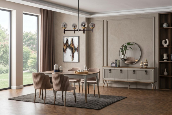 Ensemble de salle à manger beige Table en bois rectangulaire Chaises rembourrées 6x 7 pièces