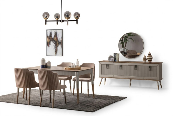 Ensemble de salle à manger beige Table en bois rectangulaire Chaises rembourrées 6x 7 pièces