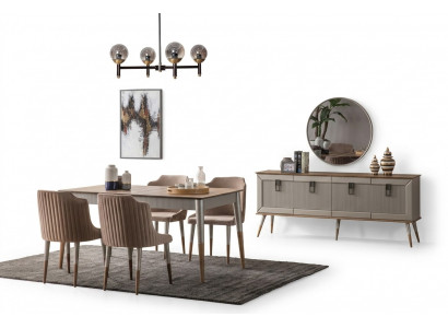 Ensemble de salle à manger beige Table en bois rectangulaire Chaises rembourrées 6x 7 pièces