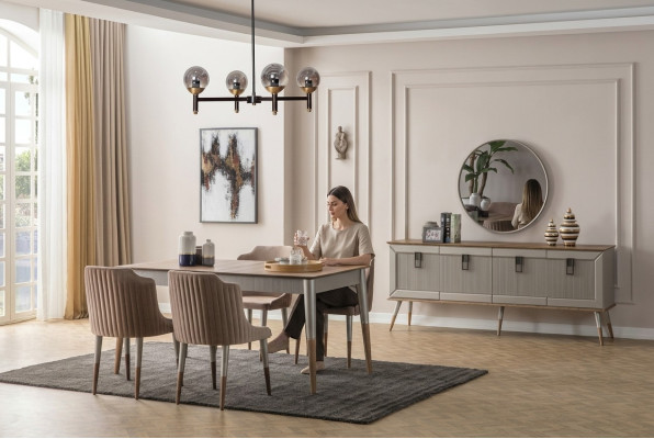 Suite de salle à manger lumineuse, table à manger robuste, buffet luxueux 9 pièces