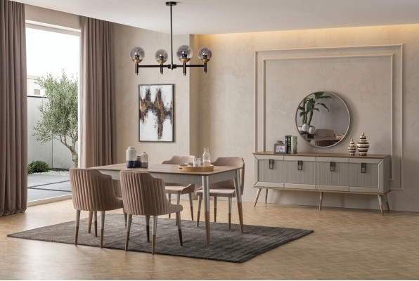 Suite de salle à manger lumineuse, table à manger robuste, buffet luxueux 9 pièces