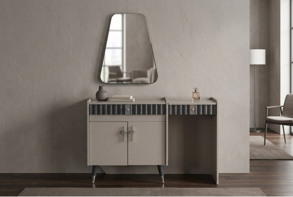 Table de maquillage beige en bois, Table de cosmétique, Console de designer avec miroir 2 pièces