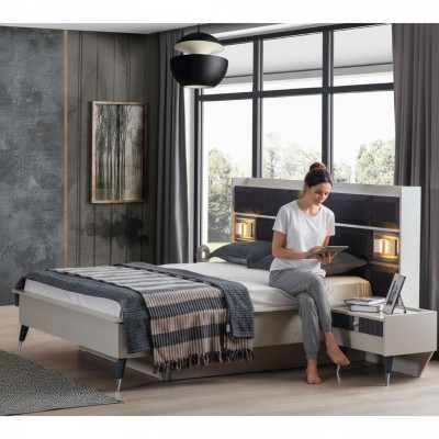 Chambre Suite Grise et Blanche Lit Double 2x Tables de Chevet Ensemble de 3 pièces
