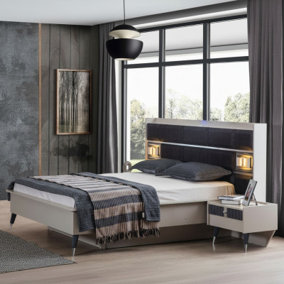 Chambre Suite Grise et Blanche Lit Double 2x Tables de Chevet Ensemble de 3 pièces