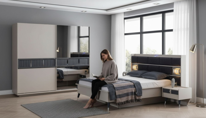 Mobilier de chambre gris Lit de designer 2x tables de chevet Armoire en bois 4 pièces