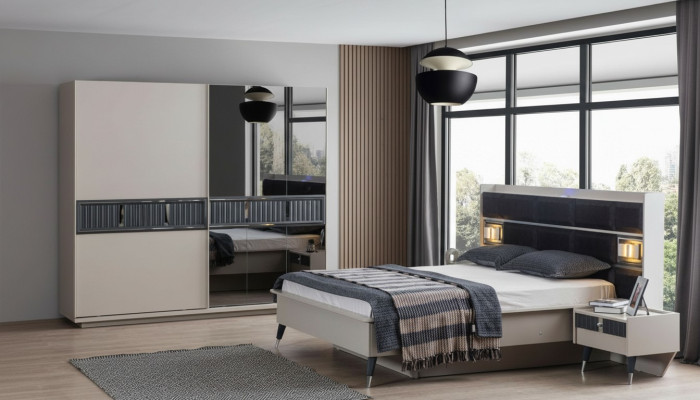 Mobilier de chambre gris Lit de designer 2x tables de chevet Armoire en bois 4 pièces